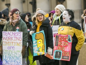 Ontario teachers and education workers picket outside the Fairmont Royal York Hotel where Education Minister Stephen Lecce gave a luncheon speech on Feb. 12, 2020. (Ernest Doroszuk, Toronto Sun)