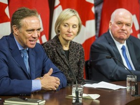 (From left) Chris MacLeod, chair of the Canadian Cystic Fibrosis Treatment Society, Dr. Elizabeth Tullis and Independent MPP Jim Wilson are pictured during a Queen's Park press conference on Feb. 26, 2020.