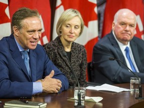 (From left) Chris MacLeod, chair of the Canadian Cystic Fibrosis Treatment Society, Dr. Elizabeth Tullis and Independent MPP Jim Wilson are pictured during a Queen’s Park press conference on Feb. 26, 2020. (Ernest Doroszuk, Toronto Sun)