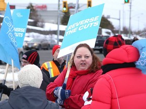 Ontario English Catholic Teachers Association members take part in strike action in Sudbury on Feb. 4, 2020. (Postmedia Network)