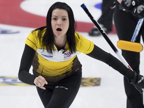 Manitoba skip Kerri Einarson reacts to her shot during the 1 vs. 2 Page playoff game against Team Wild Card at the Scotties Tournament of Hearts in Moose Jaw, Sask., yesterday.  the Canadian press
