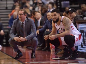 Toronto Raptors head coach Nick Nurse and guard Fred VanVleet (23) watch play against Chicago Bulls in the first half at Scotiabank Arena. Dan Hamilton-USA TODAY Sports