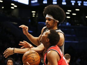 Toronto Raptors guard Kyle Lowry (7) is fouled by Brooklyn Nets centre Jarrett Allen (31) during the first half at Barclays Center on Wednesday night. Andy Marlin-USA TODAY Sports