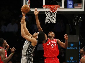 Brooklyn Nets centre Jarrett Allen (31) shoots against Toronto Raptors centre Serge Ibaka (9) during the first half at Barclays Center. Andy Marlin-USA TODAY Sports