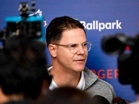 Toronto Blue Jays general manager Ross Atkins holds his first media scrum of spring training yesterday at Dunedin. Douglas DeFelice-USA TODAY Sports