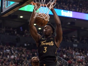 Toronto Raptors forward OG Anunoby (3) dunks against the Phoenix Suns in the first half at Scotiabank Arena. Dan Hamilton-USA TODAY Sports