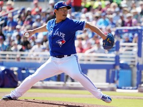 Blue Jays’ right-hander Shun Yamaguchi, knocked around in his first spring outing, held the Phillies to a run on two hits in three innings yesterday at TD Ballpark in Dunedin. The Jays won the game 6-5. (John David Mercer/USA TODAY Sports)