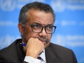 World Health Organization (WHO) Director-General Dr. Tedros Adhanom Ghebreyesus attends a daily press briefing on COVID-19, the novel coronavirus, at the WHO headquarters on Friday.
