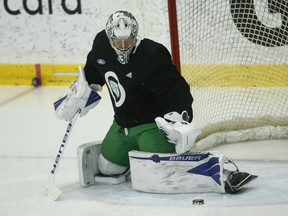 Maple Leafs goaltender Frederik Andersen turns away a shot during practice on Wednesday. Andersen will get the start in the rematch against Pittsburgh on Thursday night in Toronto. (Jack Boland/Toronto Sun)