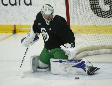 Maple Leafs goaltender Frederik Andersen turns away a shot during practice on Wednesday. Andersen will get the start in the rematch against Pittsburgh on Thursday night in Toronto. (Jack Boland/Toronto Sun)