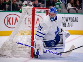 Toronto Maple Leafs goaltender Frederik Andersen in action during the game between the Stars and the Maple Leafs at the American Airlines Center in Dallas, Texas on Jan. 29, 2020.