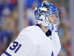 Frederik Andersen of the Toronto Maple Leafs looks on against the Florida Panthers during the second period at BB&T Center on Feb. 27, 2020, in Sunrise, Fla.