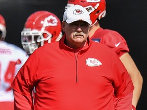 Chiefs head coach Andy Reid looks on during practice prior to Super Bowl LIV at Baptist Health Training Facility at Nova Southern University in Davie, Fla., on Thursday, Jan. 30, 2020.