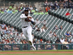 Detroit Tigers shortstop Niko Goodrum makes a throw to first base for an out during the first inning against the Tampa Bay Rays at Comerica Park in Detroit, June 6, 2019. (Raj Mehta-USA TODAY Sports)