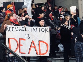 Protesters block an entrance to the British Columbia legislature in Victoria, on Tuesday, Feb. 11, 2020, in this image obtained from social media.