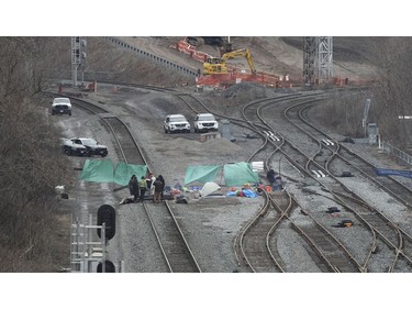 Protestors block the CN rail lines heading out of Hamilton towards the aldershot GO station in Oakville on Tuesday February 25, 2020. Jack Boland/Toronto Sun/Postmedia Network