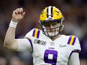 Joe Burrow of the LSU Tigers reacts to a touchdown against Clemson Tigers during the third quarter in the College Football Playoff National Championship game at Mercedes Benz Superdome on Jan. 13, 2020 in New Orleans, La. (CHRIS GRAYTHEN/Getty Images files)