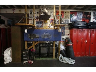 Memorabilia, ring chairs, speed bags, fight posters, former boxers, and boxing gear fill the walls, cabinets and tables inside the Cabbagetown Boxing's Club  on Wednesday February 12, 2020. Jack Boland/Toronto Sun/Postmedia Network