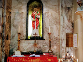 Statue of St. Valentine, whose remains can be found in Whitefriar Street Church, in Dublin, Ireland. Many people leave love letters to the saint, as well as having their wedding rings blessed on St. Valentine's Day