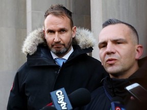 Gavin MacMillan, left, with his lawyer Sean Robichaud outside Ontario Superior Court in Toronto on Jan. 29, 2020. THE CANADIAN PRESS/Colin Perkel