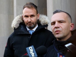 Gavin MacMillan, left, with his lawyer Sean Robichaud outside Ontario Superior Court in Toronto on Jan. 29, 2020.