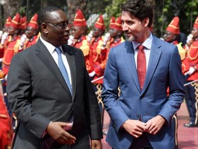 Senegal's President Macky Sall welcomes Canada’s Prime Minister Justin Trudeau at the presidential palace in Dakar, Senegal February 12, 2020. REUTERS/Moustafa Cheaiteli ORG XMIT: GGGSEN01