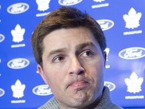 Maple Leafs GM Kyle Dubas speaks with reporters at the team's practice facility in Etobicoke on Thursday. (STAN BEHAL/TORONTO SUN)
