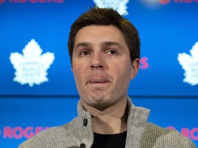 Maple Leafs general manager Kyle Dubas speaks at a news conference in Toronto on Monday. Dubas didn't make any major moves before the trade deadline kicked in. (Frank Gunn/The Canadian Press)