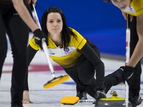 Team Manitoba skip Kerri Einarson makes a shot against Team Ontario at the Scotties Tournament of Hearts in Moose Jaw, Sask., last night. CP