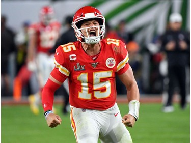 Kansas City Chiefs quarterback Patrick Mahomes celebrates after a touchdown in the fourth quarter against the San Francisco 49ers in Super Bowl LIV at Hard Rock Stadium.