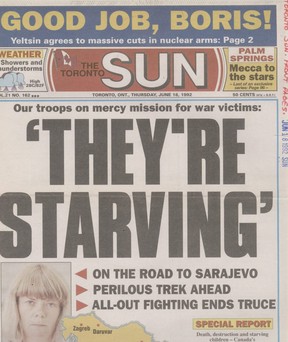 The Toronto Sun front page on June 18, 1992 featuring Christie Blatchford on assignment in Daruvar, Croatia with Canada’s peacekeeping troops.