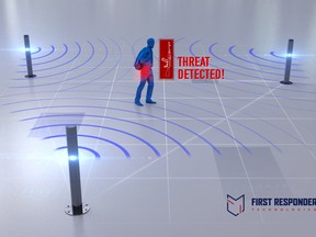 the First Responder Technologies system, which uses WiFi fence posts to detect active shooters. SUPPLIED