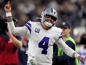 Dak Prescott of the Dallas Cowboys reacts in the third quarter against the Washington Redskins in the game at AT&T Stadium on Dec. 29, 2019 in Arlington, Texas. (Tom Pennington/Getty Images)