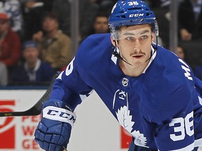 Mason Marchment of the Toronto Maple Leafs skates against the Edmonton Oilers during a game at Scotiabank Arena on Jan. 6, 2020 in Toronto. (Claus Andersen/Getty Images)