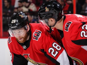 Connor Brown (left) chatting with another ex-Leaf, Nikita Zaitsev, led the Senators in scoring heading into Saturday night game against their former team in Ottawa.  (Photo by Jana Chytilova/Freestyle Photography/Getty Images)