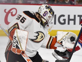 John Gibson was in net for the Anaheim Ducks on Feb. 6, 2020, against the Montreal Canadiens. (ERIC BOLTE/USA TODAY Sports)