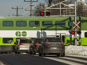 A GO train crosses Galloway Rd., south of Kingston Rd. in Toronto, on Feb. 1, 2019.