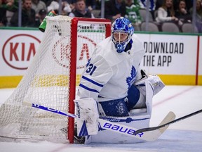 Toronto Maple Leafs goaltender Frederik Andersen in action during the game between the Stars and the Maple Leafs at the American Airlines Center.