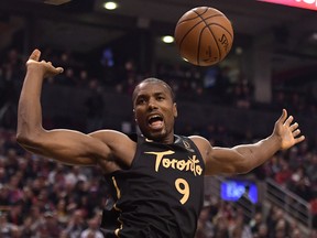 Toronto Raptors centre Serge Ibaka (9) reacts after dunking against the Phoenix Suns in the first half at Scotiabank Arena. (Dan Hamilton-USA TODAY Sports)