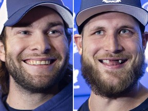 New Maple Leafs Jack Campbell, left, and Kyle Clifford meet the media on Feb. 6, 2020 in Toronto. (Stan Behal/Toronto Sun photos)