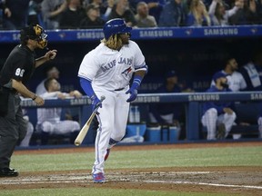 Toronto Blue Jays Vlad Guerrero Jr. 3B hammers a ball in the third inning to the left field corner for an out  in Toronto, Ont. on Friday April 26, 2019.