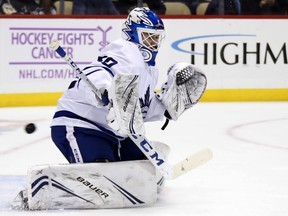 Maple Leafs goaltender Kasimir Kaskisuo allows a goal during a 6-1 loss to Pittsburgh on Nov. 16, 2019, his only NHL start so far. (Gene J. Puskar/The Associated Press)