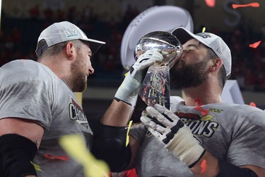 Laurent Duvernay-Tardif of the Kansas City Chiefs celebrates with the Vince Lombardi Trophy after defeating the San Francisco 49ers in Super Bowl LIV at Hard Rock Stadium on February 2, 2020 in Miami. (Tom Pennington/Getty Images)