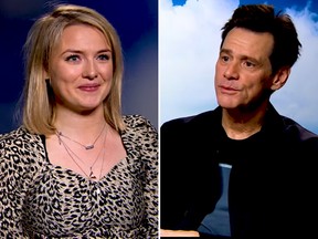 Charlotte Long (L) reacts to Jim Carrey saying she's the only thing left on his bucket list during a Heat magazine  interview.