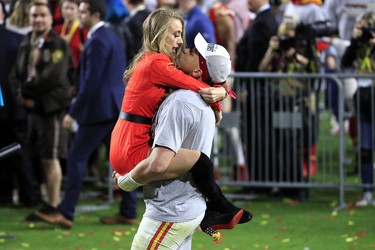 Patrick Mahomes of the Kansas City Chiefs celebrates with his girlfriend, Brittany Matthews, after defeating the San Francisco 49ers in Super Bowl LIV at Hard Rock Stadium on February 2, 2020 in Miami. (Andy Lyons/Getty Images)