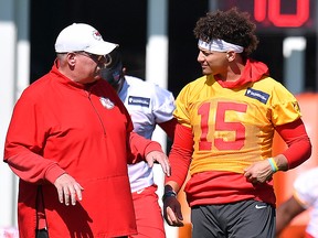 Head coach Andy Reid and Patrick Mahomes of the Kansas City Chiefs speak before performing drills at Baptist Health Training Facility at Nova Southern University on January 29, 2020 in Davie, Florida. (Mark Brown/Getty Images)