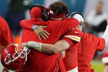 Patrick Mahomes greets head coach Andy Reid of the Kansas City Chiefs after defeating San Francisco 49ers in Super Bowl LIV at Hard Rock Stadium on February 2, 2020 in Miami. (Al Bello/Getty Images)