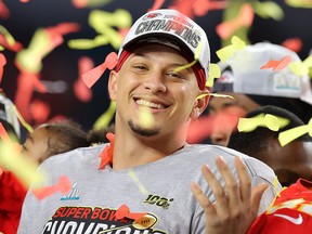 Patrick Mahomes of the Kansas City Chiefs celebrates after defeating the San Francisco 49ers in Super Bowl LIV at Hard Rock Stadium on February 2, 2020 in Miami. (Kevin C. Cox/Getty Images)