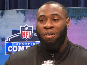 Neville Gallimore, Oklahoma University defensive tackle from Ottawa, at the NFL Scouting Combine in Indianapolis. (John Kryk/Postmedia)