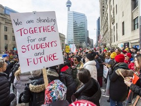 Ontario teachers and education workers picket outside of The Fairmont Royal York Hotel in Toronto on Wednesday, Feb. 12, 2020.